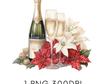 Christmas Champagne Bottle and Glasses and Flowers Watercolor Clipart PNG, Christmas Commercial Use Clipart Templett, Corjl & Canva Friendly