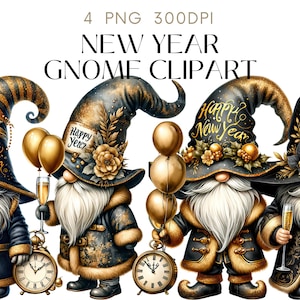 Gnome du nouvel an Clipart Illustration aquarelle PNG lot de 4 festifs de Noël Gonks à usage commercial, créations en papier Téléchargement instantané numérique