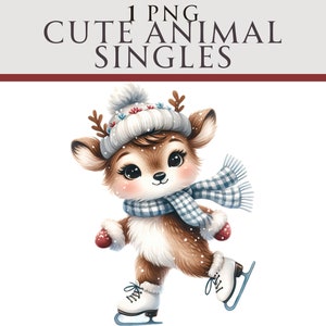 Clipart de rena de patinação no gelo, PNG festivo de Natal, ilustração de inverno, ideal para cartões de felicitações, artesanato, berçário e criação de convites
