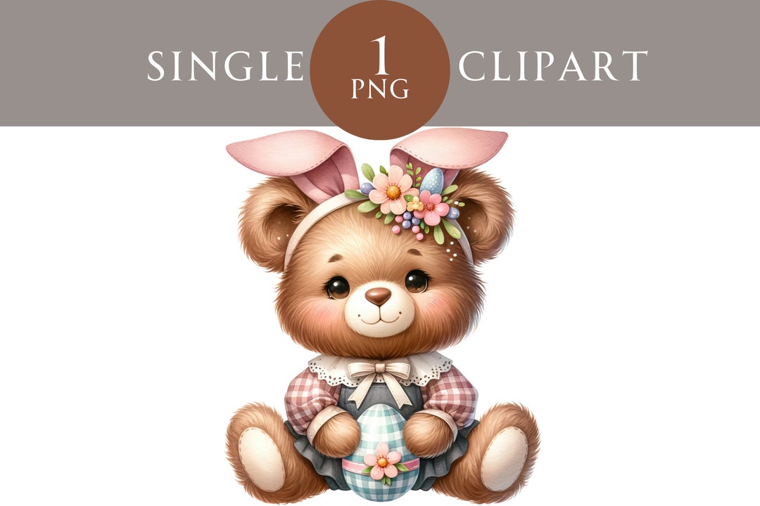Easter Teddybear Clipart, Cute Bunny Ears Animal Wall Art PNG Gingham