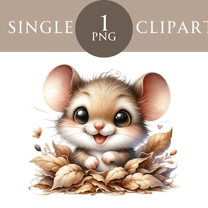 Mignon automne souris Clipart PNG, animal de la forêt avec des feuilles d'automne, Illustration de bébé souris, Art animalier de la forêt, usage Commercial 300 DPI
