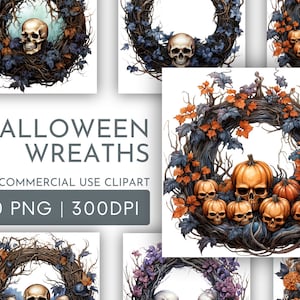 Halloween Wreath clipart Pack, Spooky Skull Wreath Clipart for Commercial Use Transparent PNG Scrapbook Crafting Junk Journal Clipart