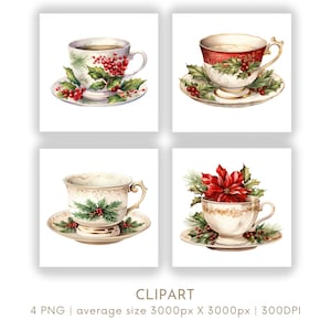 Tazze da tè di Natale Acquerello Clipart PNG Set 4, Pomeriggio High Tea Festive Xmas Clipart per uso commerciale, Artigianato Digitale Download istantaneo
