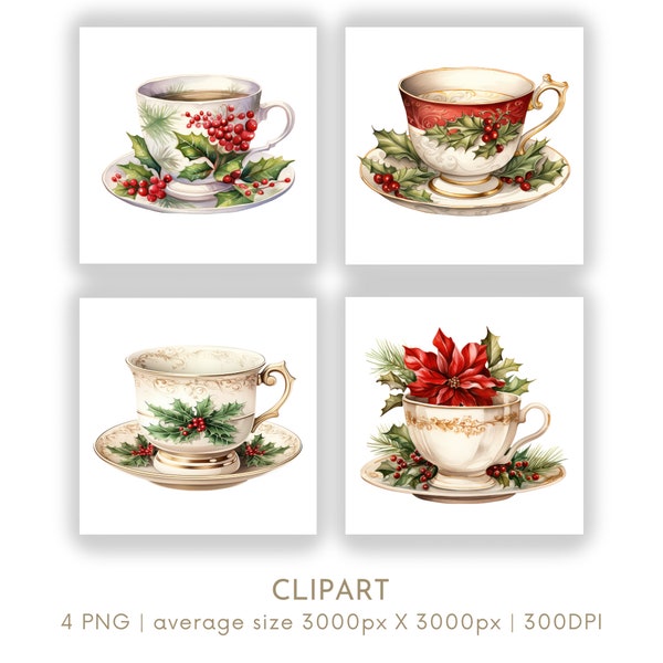 Christmas Teacups Watercolor Clipart PNG Set 4, Afternoon High Tea Festive Xmas Clipart for Commercial Use, Crafts Digital Instant Download