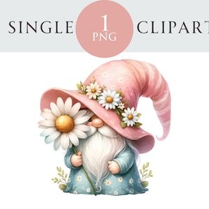 Pink Daisy Gnome Clipart, Spring Gnome PNG Illustration, Easter Gnonk, Ideal para cartões de felicitações, artesanato, convites, projetos de papel