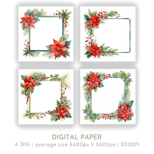 Ensemble de 4 papiers numériques fleur de Noël poinsettia rouge JPG festif carterie Noël vacances Junk Journal Scrapbooking Téléchargement instantané numérique