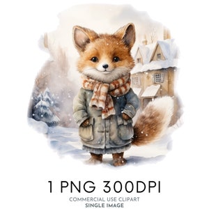 Hiver mignon renard aquarelle Clipart PNG, des cliparts animaux de la forêt, des cliparts pour chambre d'enfant à usage Commercial des cliparts, Templett, Corjl & Canva Friendly