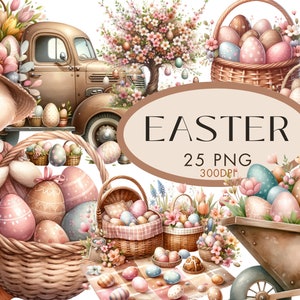 Bundle de Pâques aquarelle Clipart PNG, canard brouette lapin panier camion guirlande Junk Journal usage Commercial, téléchargement numérique immédiat