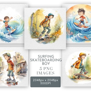 Jongen surfen clipart png, jongen skateboarden illustratie, scrapbooking, kaarten maken, png-bundel commercieel gebruik direct downloaden