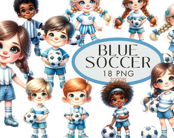 Blue Soccer Clipart PNG Bundle, Football Watercolor Commercial Use, Footy Boys Sport Girls Digital Instant Download