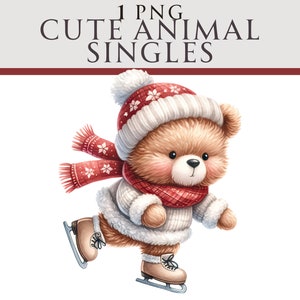 Clipart de pelúcia de patinação no gelo, PNG festivo de Natal, ilustração de inverno, ideal para cartões de felicitações, artesanato, berçário e criação de convites