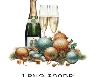 Christmas Champagne Bottle and Glasses and Flowers Watercolor Clipart PNG, Christmas Commercial Use Clipart Templett, Corjl & Canva Friendly