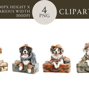 Ilustrações de clipart de cachorro caprichosas e encantadoras em malas vintage para artesanato com tema de viagem, arte digital, scrapbooking e adesivos