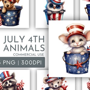 4 juillet aquarelle Clipart PNG Bundle, mignon jour de l'indépendance des animaux des cliparts pour un usage commercial, téléchargement numérique instantané de vacances