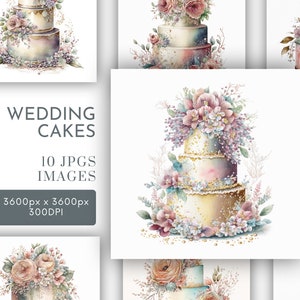 Bruidstaart met bloemen aquarel clipart JPG 3 tier cake junk journaling, aquarel kaarten maken commercieel gebruik digitale Instant Download