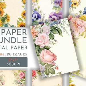 Arrière-plans floraux, fleurs minables numériques, papiers 5 x 7, roses, pensées, pivoines, tournesols, pages de journal, cartes de scrapbooking, cadeaux, usage commercial, JPG