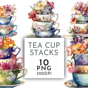 Teetasse Stapeln mit Blumen Clipart PNG, Junk Journaling, Blumen Aquarell Wand Kunst Kommerzielle Nutzung Digital Sofort Download