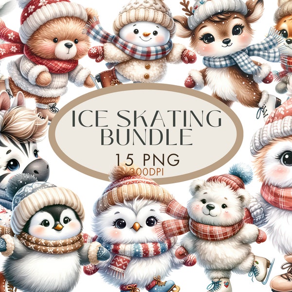 Bundle de cliparts de patinage sur glace zèbre bonhomme de neige hibou pingouin cerf renard lapin des cliparts aquarelle pour usage commercial téléchargement numérique immédiat