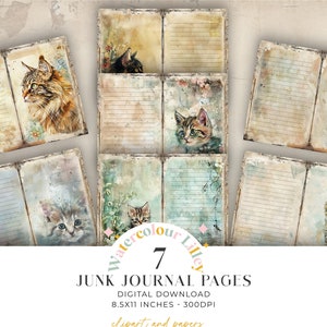 Pagine di diario per gatti, animali, shabby chic, gattini, diario spazzatura, carta digitale, carta bifold stampabile, animali domestici, scrapbooking, 11 x 8,5, JPG, download