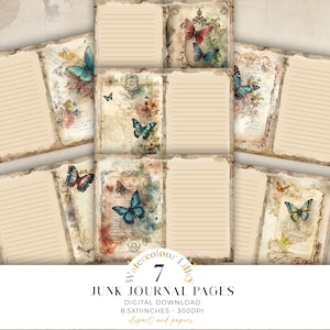 Vlinder ongewenste dagboek dubbelgevouwen pagina's vintage vlinders bekleed dagboek afdrukbaar papier digitaal collageblad, voor plakboek direct downloaden