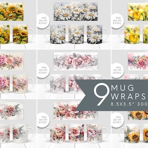 Watercolor Flower Mug Template Bundle, Sublimation Mug Design, 11oz Mug Templates, Instant Download Coffee Mug Full Wrap, Mug PNG