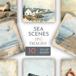 Arrière-plans de plage Papiers numériques carrés Pages de journal de bord de mer Scrapbooking nautique Phoque Phare Bateau Pêcheur Usage commercial JPG