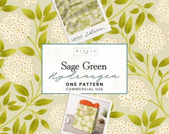 Diseño sin costuras de hortensias verde salvia / Papel digital floral blanco / Estampado botánico de jardín para tela, papel pintado y sublimación