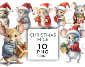 Christmas Mice Santa Hat Watercolor Clipart PNG, Christmas Mouse , Junk Journaling  Commercial Use Instant Download