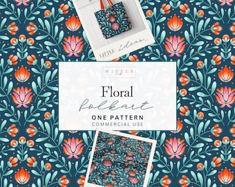 Diseño floral sin costuras de arte popular / Papel digital azul marino y rosa coral / Diseño botánico simétrico llamativo para tela, papel tapiz y sublimación.