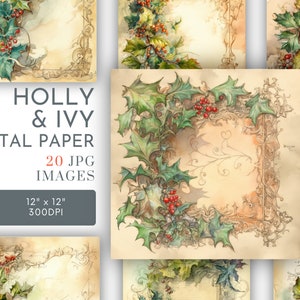 Holly and Ivy Vintage Backgrounds Digital, papéis quadrados de Natal, páginas de diário de vegetação, cartões de scrapbook festivos, presentes, uso comercial JPG