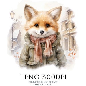Hiver mignon renard aquarelle Clipart PNG, des cliparts animaux de la forêt, des cliparts pour chambre d'enfant à usage Commercial des cliparts, Templett, Corjl & Canva Friendly