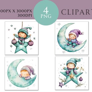 Noël bébé aquarelle Clipart PNG lot de 4, étoile lune, carte d'invitation Scrapbooking Journal indésirable téléchargement numérique, usage Commercial