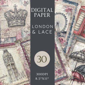 Papier pour journal indésirable London Lace, 30 Pages imprimables, Big Ben Union Jack Crown, parapluies, kit numérique vintage 8,5 x 11 téléchargement numérique
