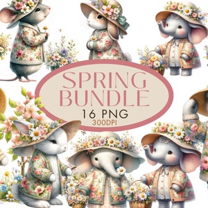 Bundle de cliparts PNG printemps, ours en peluche chiot chaton Lion éléphant agneau Pâques aquarelle Clipart pour un usage Commercial, téléchargement numérique immédiat