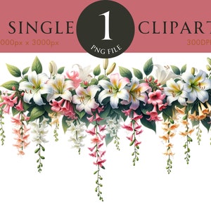 Clipe de borda de lírios, PNG floral, ilustração espacial, clipart de flor de lírio em aquarela para scrapbooking, cartão de felicitações, caneca, camisetas
