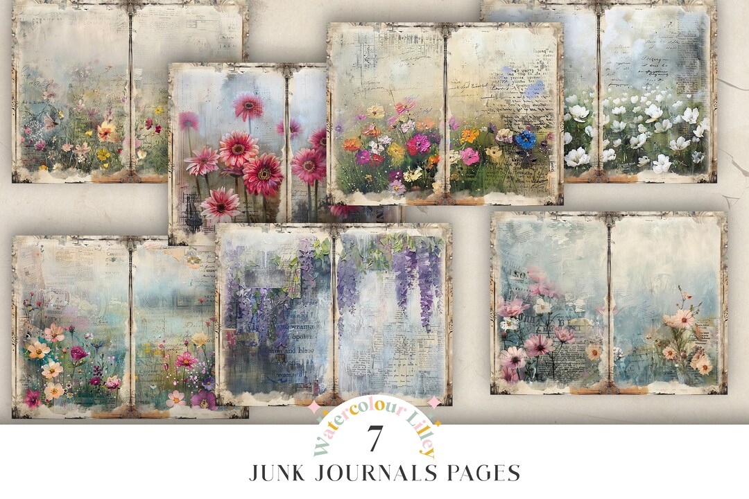 Floral Junk Journal Pages 7 Digital Journal Bifold Pages Flower Vintage ...