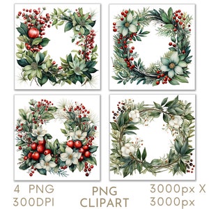 Christmas Wreath Watercolor Clipart PNG Set 4 , Festive Xmas Floral Frames Clipart for Commercial Use, paper Crafts Digital Instant Download