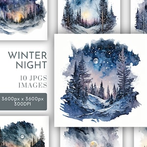 Imágenes prediseñadas de acuarela de escenas nocturnas de invierno en formato JPG, diseños de fondo, diario basura, arte mural, uso comercial, descarga digital instantánea