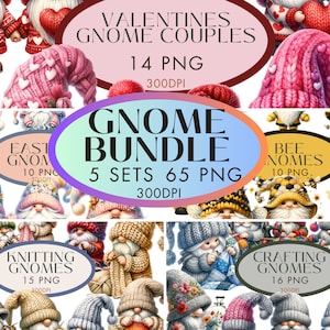 Gnome Clipart Bundle 65 PNG - Saint-Valentin, Pâques, abeille, tricot, création de gnomes - téléchargement numérique, 5 jeux, parfait pour les travaux manuels et le bricolage