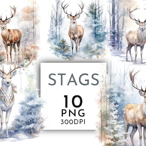Winter Hirsche Aquarell Clipart PNG, Weihnachten verschneiten Wald, Junk-Journaling, Aquarell Hirsche Wald kommerzielle Nutzung Sofort-Download