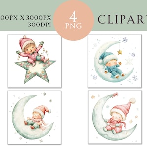 Noël bébé aquarelle Clipart PNG lot de 4, étoile lune, carte d'invitation Scrapbooking Journal indésirable téléchargement numérique, usage Commercial
