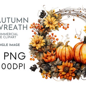 Autumn Wreath, Watercolor Thanksgiving Single Image Clipart PNG for Commercial Use, Fall Orange & Brown , Transparent PNGs, Invite Crafting