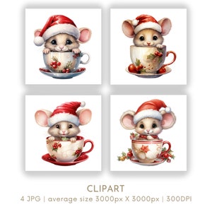 Clipart acquerello topo di Natale PNG Set 4, Clipart di Natale tazza da tè per uso commerciale, download istantaneo digitale di lavori di carta