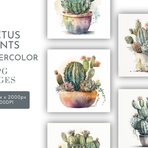 Imágenes prediseñadas de acuarela de plantas de cactus en formato JPG, planificador digital, diario basura, arte de pared con acuarela de plantas, uso comercial, descarga digital instantánea