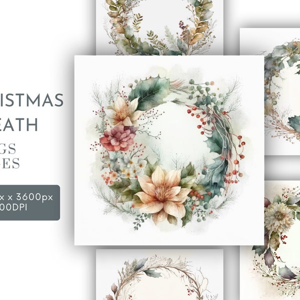 Christmas Wreath  Watercolor Clipart JPG, Paper Crafting, Christmas Watercolor Wall Art Commercial Use Digital Instant Download