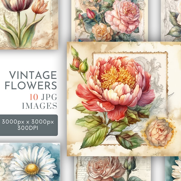 Vintage Flower Postcard Watercolor Clipart JPG, Background Designs Junk Journaling Peaceful Wall Art Commercial Use Instant Download