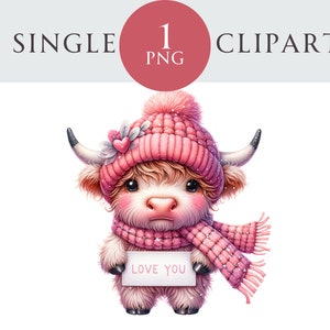 Valentine Highland Cow Clipart, Love You Animal PNG Illustration, Ideal para cartões de felicitações, artesanato, berçário, convites, projetos de papel