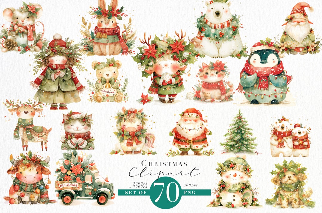 Christmas Watercolor Clipart PNG Bundle Big Bundle Winter Scenes ...