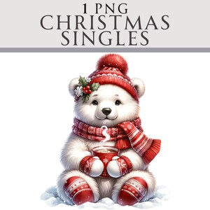 Clipart de urso polar fofo, Natal, cacau, inverno, PNG, ilustração de inverno, ideal para cartões de felicitações, artesanato, berçário e criação de convites