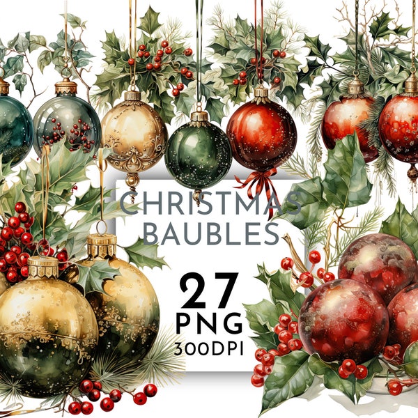 Watercolor Christmas Baubles Clipart PNG Bundle , Festive Holly Wine Hanging Baubles Clipart for Commercial Use, Digital Instant Download